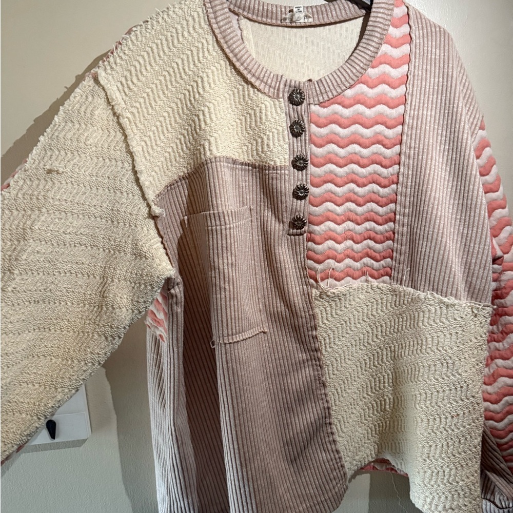 Pol Patchwork Button-Up Sweater - Cream And Pink - image 2